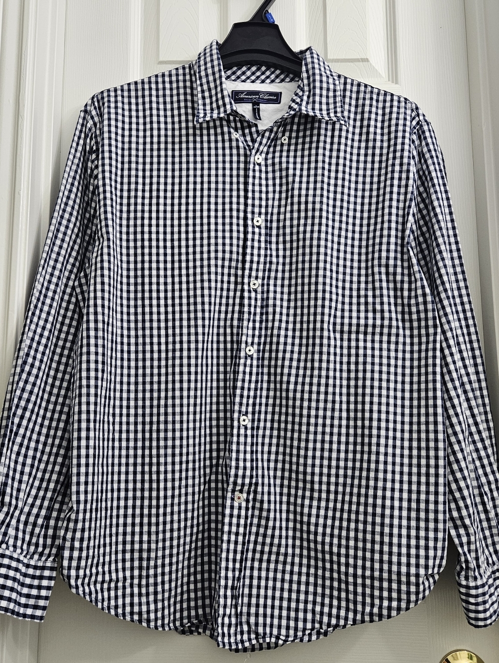 American Classics Men's Navy and White Gingham Button-Down Long Sleeve Shirt, L